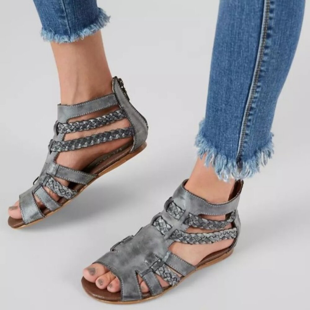 ROAN "Willa" Leather Gladiator Zip Up Sandals in a Misses size 6, fits 6.5 or 7